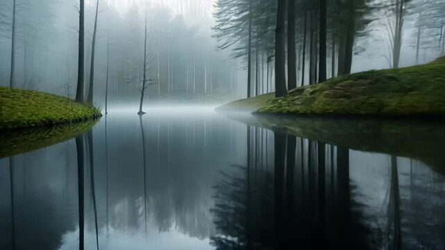 Fog Rolling Over a Still Forest Lake