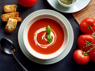 Food photography of a creamy soup of tomato. The tomato soup comes with a swirl of fresh cream in the middle of the table, covered with crispy croutons and a pinch of basil, a plate of fresh tomato le