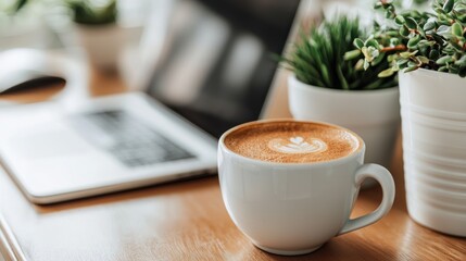 Latte art coffee on desk, laptop, plants, work from home