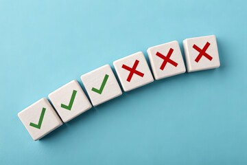 Obraz premium White square tiles with green checkmarks and red crosses, set of seven, decision making concept