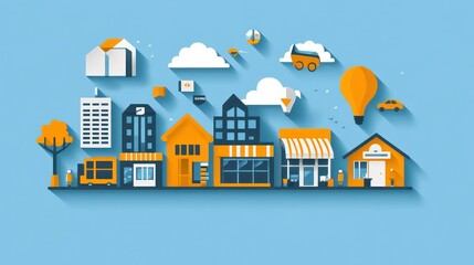 Cityscape illustrating e-commerce, delivery, and local businesses
