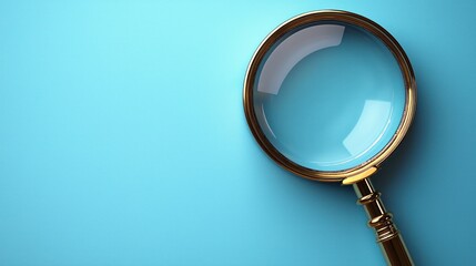 Golden magnifying glass on blue background, search concept, website banner