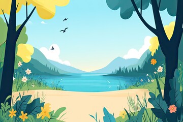 Vector landscape painting illustration with lake and mountain scenery