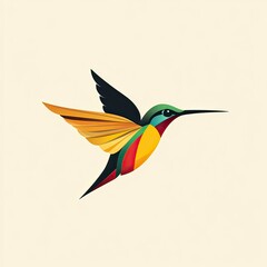 Stylized hummingbird with vibrant colors, poised mid-flight, isolated on light background