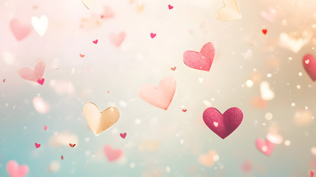 background with floating love notes and soft heart-shaped confetti gently falling against a light pastel background 