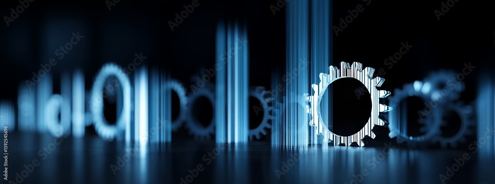 Poster in system settings, a digital 3d gear icon with binary code is used for optimization purposes, to au
