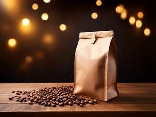 
Coffee bag design mockup photo on a wooden table with a dark backdrop product photo rustic lighting bokeh coffee beans on the table