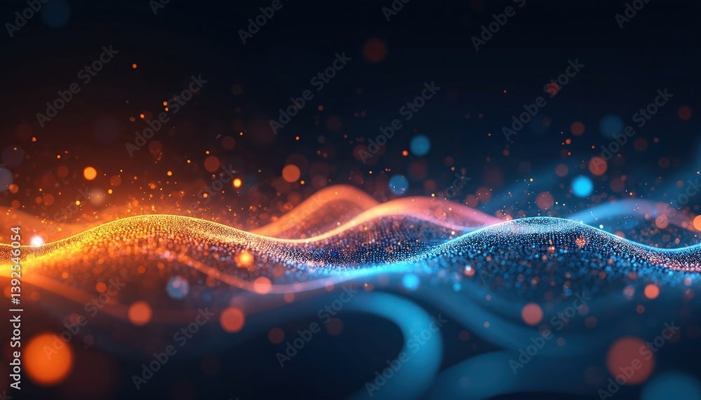 Fototapete Abstract digital tech waves with flowing particles. Orange, blue colors. Data visualization, futuristic design, representing big data, AI, machine learning, network, innovation, cloud computing,