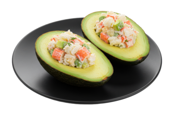 Fresh avocado halves filled with colorful crab salad on a sleek black plate