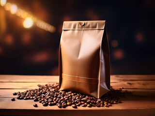 Coffee bag design mockup photo on a wooden table with a dark backdrop product photo rustic lighting bokeh coffee beans on the table