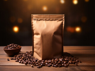 Coffee bag design mockup photo on a wooden table with a dark backdrop product photo rustic lighting bokeh coffee beans on the table