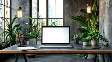Fototapeta premium Modern laptop workspace, plants, city view