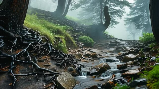 Small Stream Flowing Down a Rocky Slope in a Misty Forest