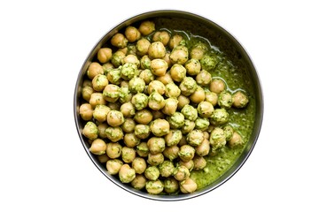 A photo of a bowl of creamy pesto chickpeas