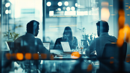 Business meeting with three people at a table with laptops in a modern office setting with glass walls