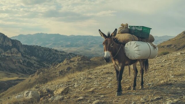 A laden donkey stands on a rugged hillside, overlooking a vast mountainous landscape under a muted sky