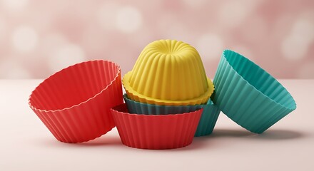 Colorful Silicone Baking Cups Stacked on Pink Surface Kitchenware Product