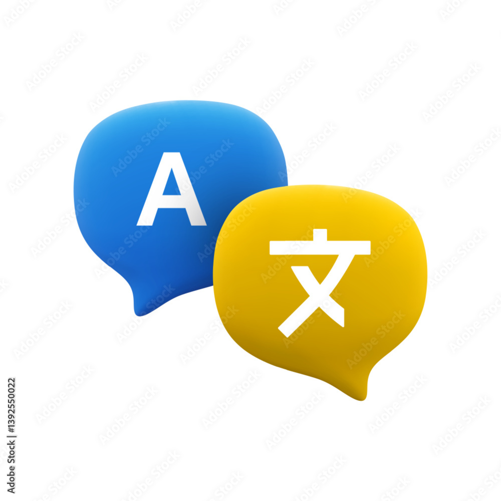 Fototapete vector cartoon 3d translation icon. minimal realistic 3d speech bubbles with english and chinese lan