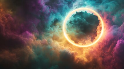 Obraz premium Vibrant and colorful digital artwork of an eclipse framed by luminous clouds in a cosmic atmosphere, showcasing a mesmerizing blend of purple, turquoise, and gold hues with dramatic lighting effects
