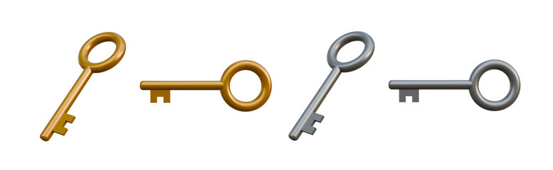 Gold and silver keys isolated. Gold and silver key on different angles. 3d key illustrations on isolated.