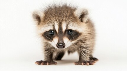 Fototapeta premium Adorable baby raccoon with bright eyes and fluffy fur, captured in a charming portrait against a clean white background