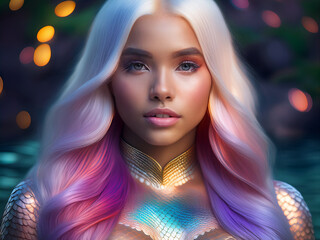 
Closeup of a lady mermaid, iridescent scales, flawless dark skin, looking at the camera, long candy-colored lustrous hair, high definition, 8K, cinematic shoot, dramatic lighting