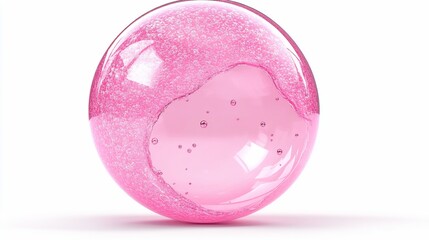 Abstract pink sphere featuring internal bubbles and liquid motion on white background