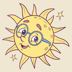 Cool and vibrant vector illustration of a sun character with blue eyes and stylish glasses, perfect for summer-themed designs and fun creative projects.