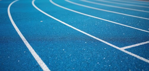 Blue running track with white lines, curves. Stadium race path for athletes, sports, fitness. Curved lines lead toward competition. Sport background for sprint races marathon.