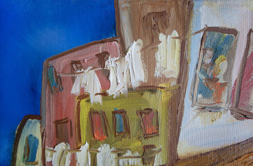 Washing hung out between houses. Cute traditional small cottages genre painting. Abstract couple in window. Oil brush strokes texture.