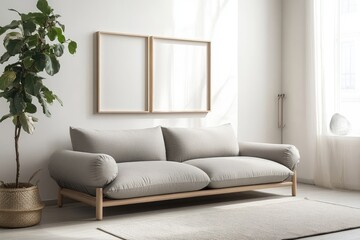 Fototapeta premium Modern minimalist living room with light gray couch and framed art