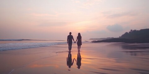Romantic sunset stroll. Couple walking hand in hand on scenic beach