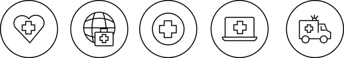 Medical emergency and telehealth icon set – heart care, global health network, ambulance service, digital diagnosis, and patient records with transparent background.