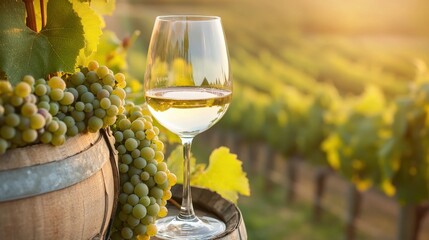 Fototapeta premium A glass of white wine sits beside fresh green grapes on a wooden barrel, with a sunlit vineyard in the background, evoking a serene and elegant atmosphere.