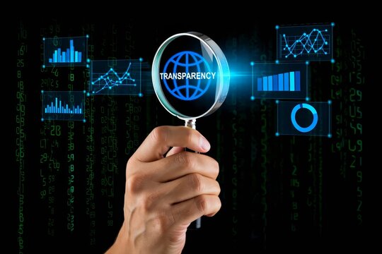 Young businessman working on a virtual screen of the future and sees the inscription Transparency.