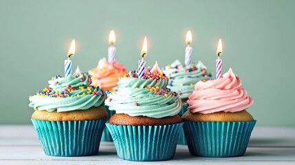 Colorful cupcakes with sprinkles and candles, arranged on a light surface, perfect for celebrations and sweet treats.