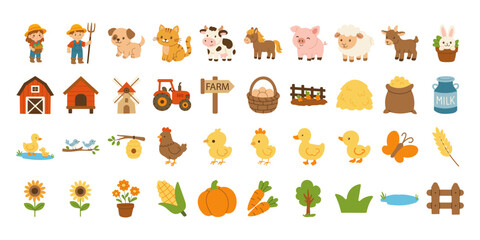 A farm scene with a variety of farm animals and farm objects