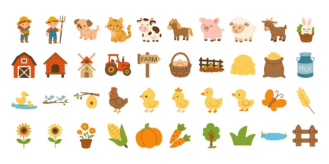 Fotobehang Boerderij A farm scene with a variety of farm animals and farm objects  © MariiaMart