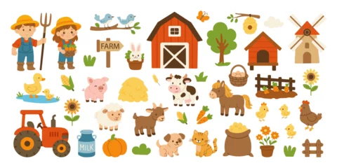 Fotobehang Boerderij A farm scene with a sign that says "Farm" in the foreground. There are several farm animals, including a horse, a cow, and a chicken. A tractor is also present in the scene  © MariiaMart