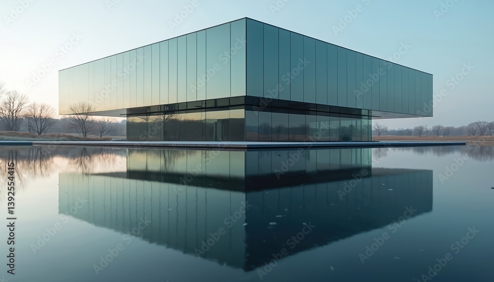 Poster modern glass building with symmetrical reflection in calm water surface. mirror image creates abstra
