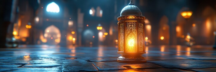 Illuminated Arabic Lantern in a Mystical Mosque