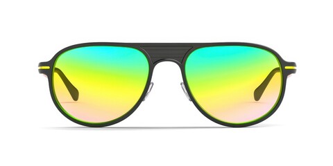 A pair of sunglasses with a yellow lens and a green lens
