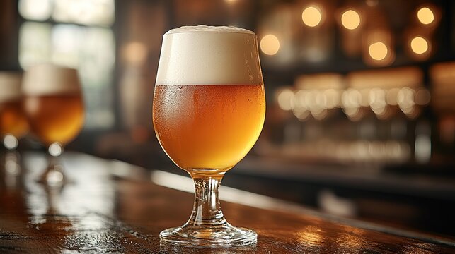 Refreshing beer glass with creamy foam on bar counter for enjoyment