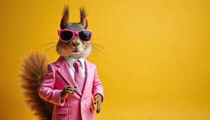 Stylish squirrel with glasses and tie wears fashionable pink suit posing on yellow background. Concept of success, fashion trends. Funny, cool, hipster animal illustration. Great for design, print.