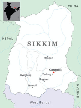 Sikkim is a state of India showing district map with neighbour state and country