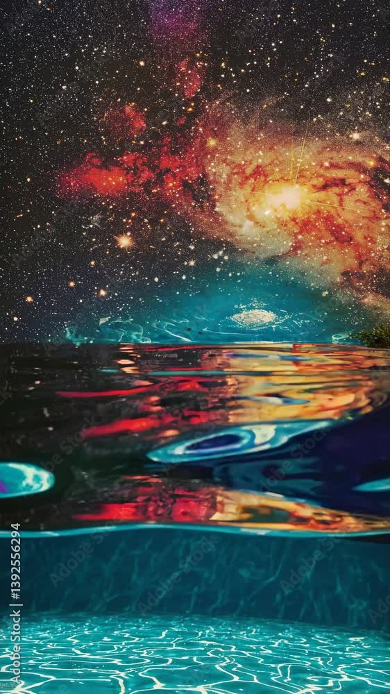 Poster surreal video concept blending underwater pool view with a cosmic galaxy above. captured from a low 