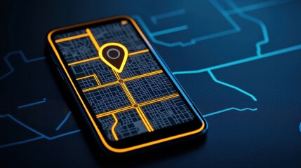 A smartphone displaying a detailed map with a location pin, set against a glowing blue background, emphasizing navigation and technology.