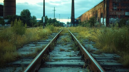 Fototapeta premium Abandoned railway tracks overgrown with vegetation leading to industrial buildings