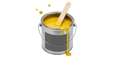 Isolated Yellow Paint Can with Brush and Dripping Paint