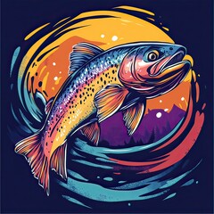 Vibrant rainbow trout illustration with abstract mountain backdrop art